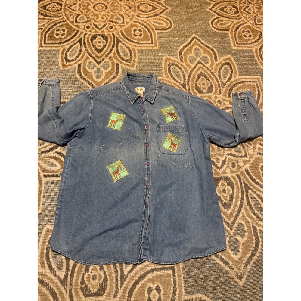 Bobbie Brooks Woman Denim Reindeer Patchwork Rhinestone Shirt 18W 20W Plus Size